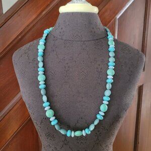 Chicos Beaded Turquoise & Aquamarine Necklace With Gold Tone Chain & Clasp
